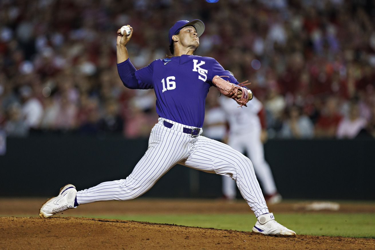 FAYETTEVILLE, ARKANSAS - JUNE 01: Tyson Neighbors #16 of the Kansas State Wildcats throws a pitch in the 6th inning during the NCAA Division 1 Baseball Regional game against the Arkansas Razorbacks at Baum Walker Stadium on June 01, 2024 in Fayetteville, Arkansas. The Wildcats defeated the Razorbacks 7-6.