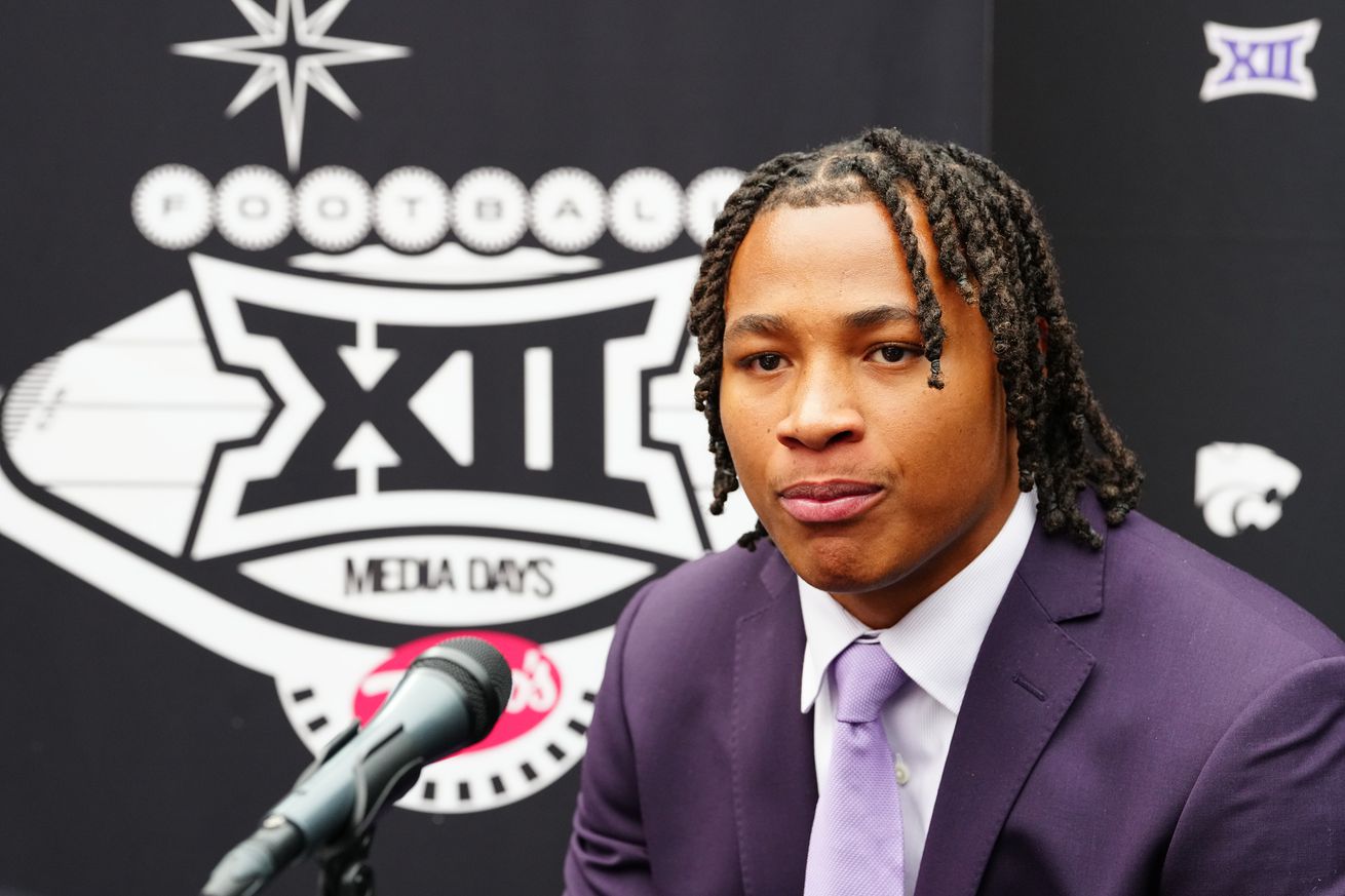 LAS VEGAS, NEVADA - JULY 09: Marques Sigle of Kansas State University speaks at the 2024 Big 12 Conference Football Media Days at Allegiant Stadium on July 09, 2024 in Las Vegas, Nevada.