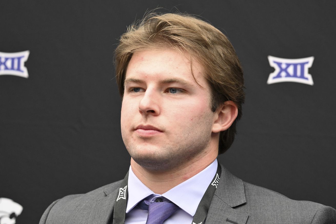 Jul 9, 2024; Las Vegas, NV, USA; Kansas State linebacker Austin Moore speaks to the media during the Big 12 Media Days at Allegiant Stadium.