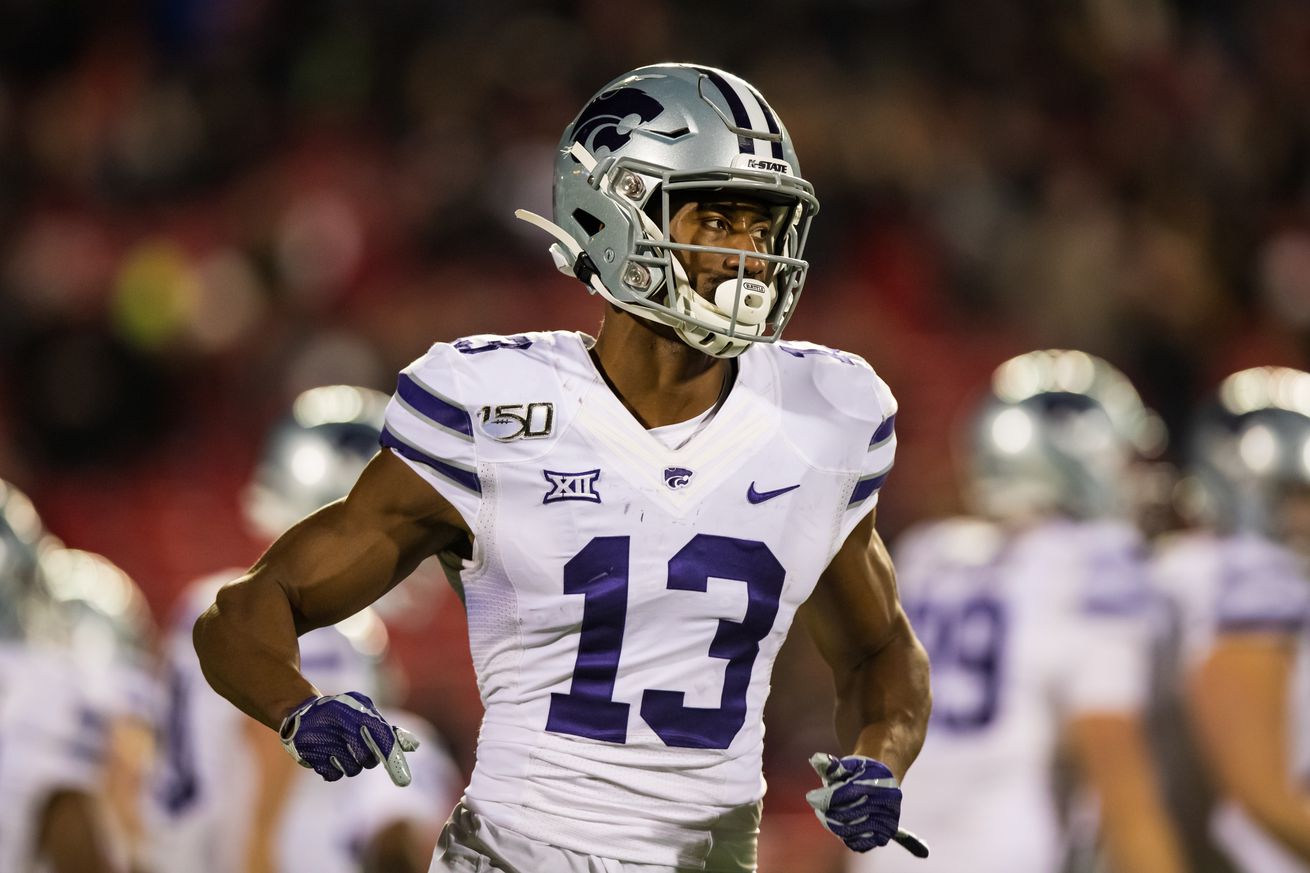 Wide receiver Chabastin Taylor #13 of the Kansas State Wildcats runs across the field during the second half of the college football game against the Texas Tech Red Raiders on November 23, 2019 at Jones AT&T Stadium in Lubbock, Texas.