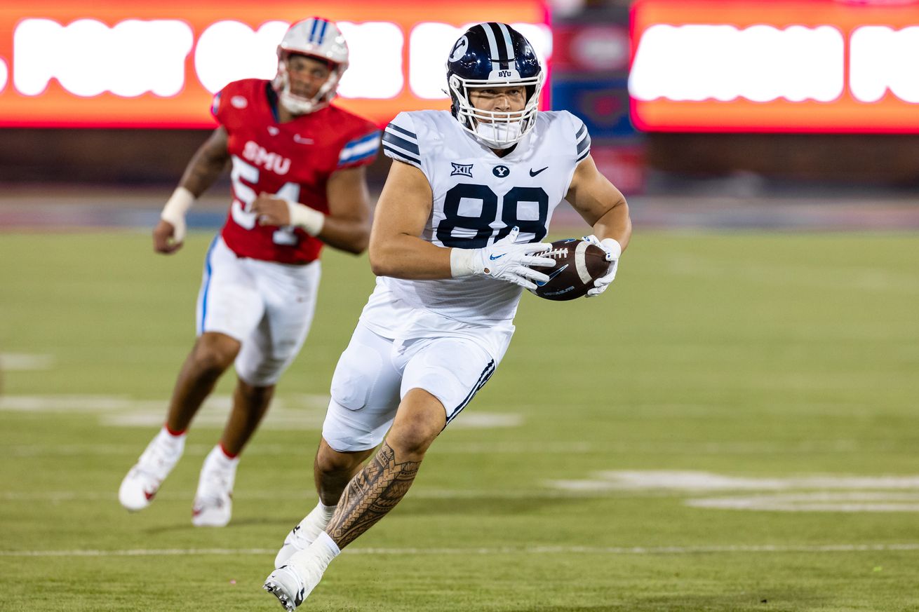 BYU Cougars tight end Mata’ava Ta’ase (#88) runs up field during the college football game between the SMU Mustangs and the BYU Cougars on September 6, 2024, at Gerald J. Ford Stadium in Dallas, TX.