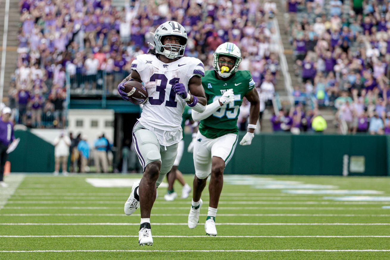 DJ Giddens #31 of the Kansas State Wildcats runs for a touchdown against the Tulane Green Wave during the second half of a game at Yulman Stadium on September 7, 2024 in New Orleans, Louisiana.