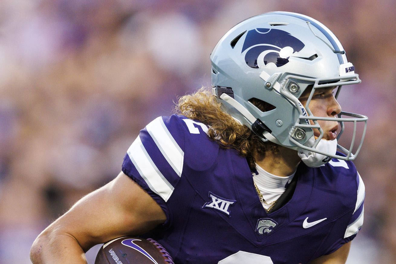 Avery Johnson #2 of the Kansas State Wildcats runs with the ball during a game against Arizona Wildcats at Bill Snyder Family Football Stadium on September 13, 2024 in Manhattan, Kansas.