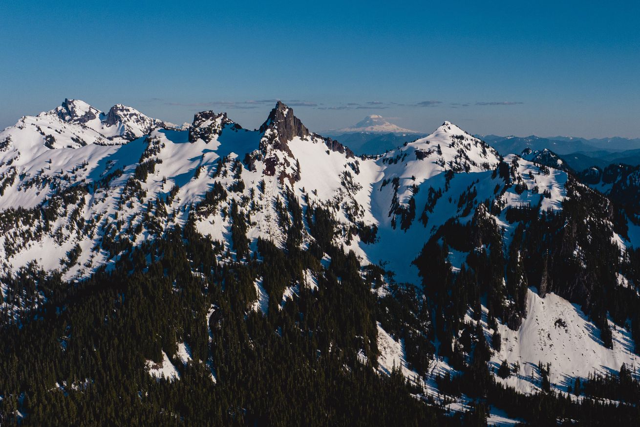 view of Mount Rainier and in distance Mount St. Helens Volcanic National Park, Washington State