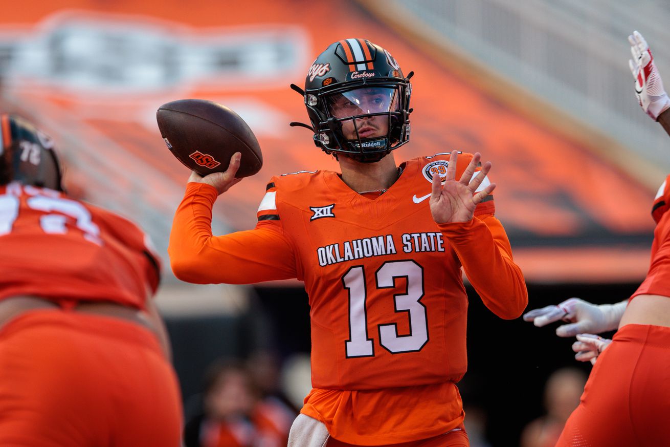 Background: STILLWATER, OK - SEPTEMBER 21: Oklahoma State Cowboys quarterback Garret Rangel (13) looks to pass against the Utah Utes on September 21st, 2024 at Boone Pickens Stadium in Stillwater, Oklahoma.