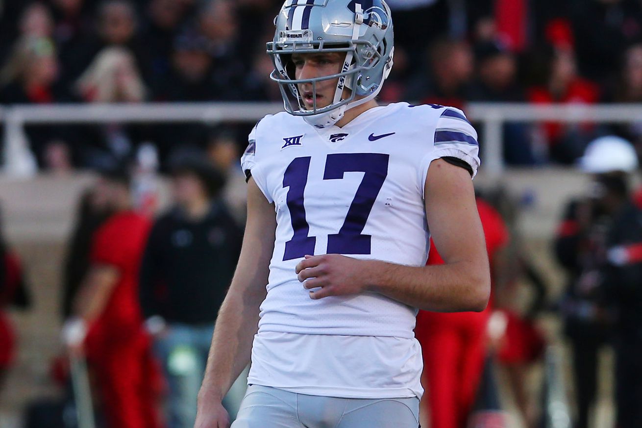 Kansas State Wildcats place kicker Chris Tennant (17) prepares to kick against the Texas Tech Red Raiders in the first half at Jones AT&T Stadium and Cody Campbell Field.