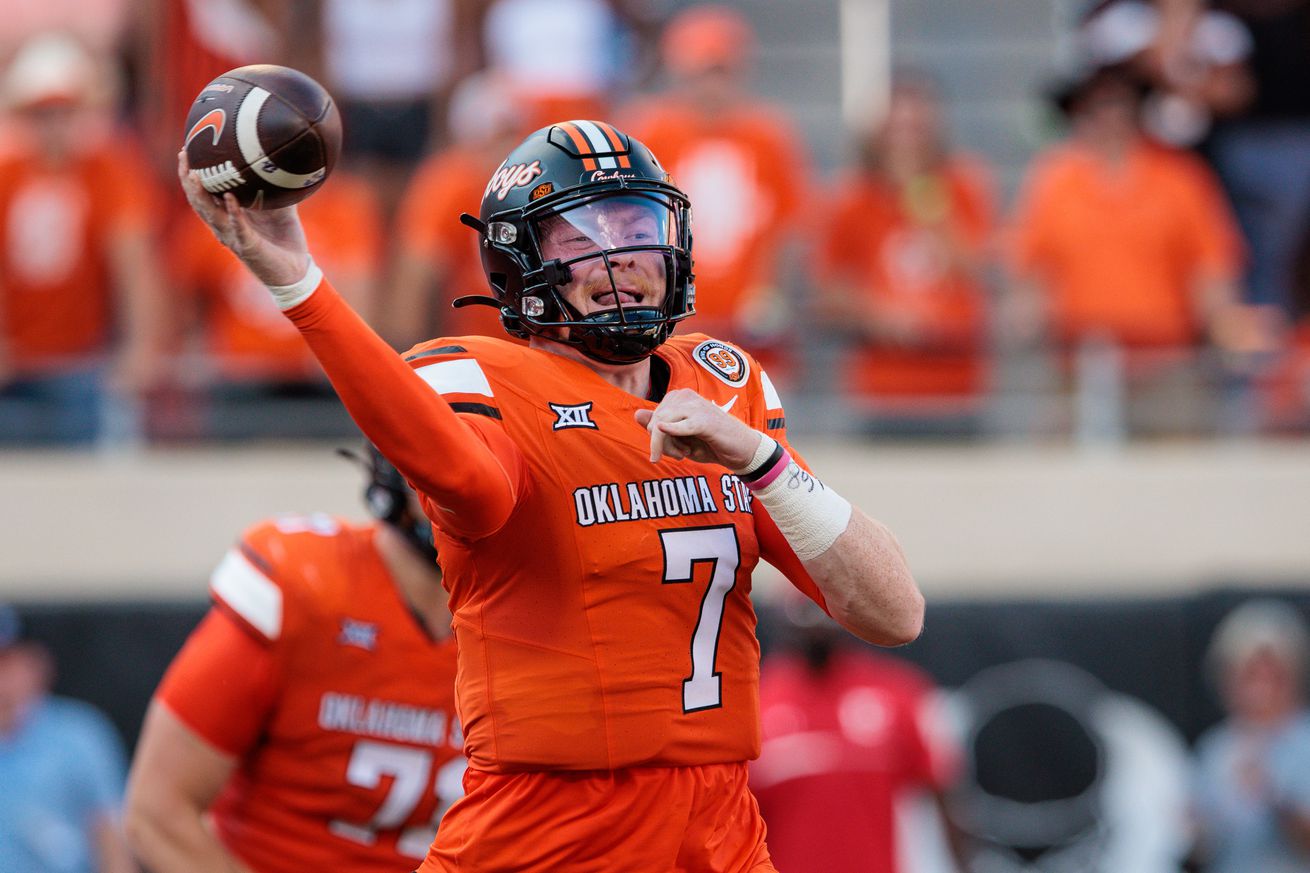 Sep 21, 2024; Stillwater, Oklahoma, USA; Oklahoma State Cowboys quarterback Alan Bowman (7) passes during the fourth quarter against the Utah Utes at Boone Pickens Stadium.