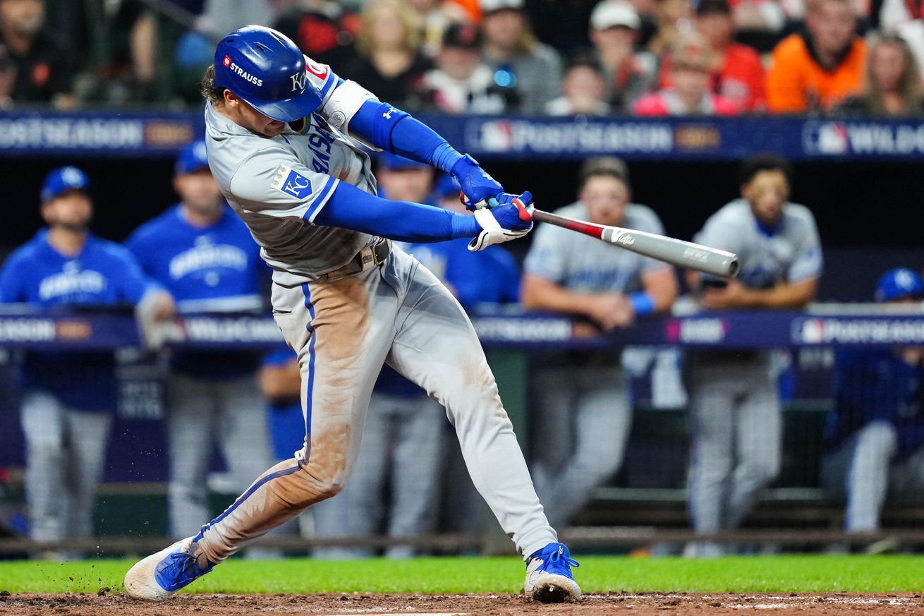 Bobby Witt Jr. #7 of the Kansas City Royals hits a one RBI single to retake the lead in the sixth inning during Game 2 of the Wild Card Series