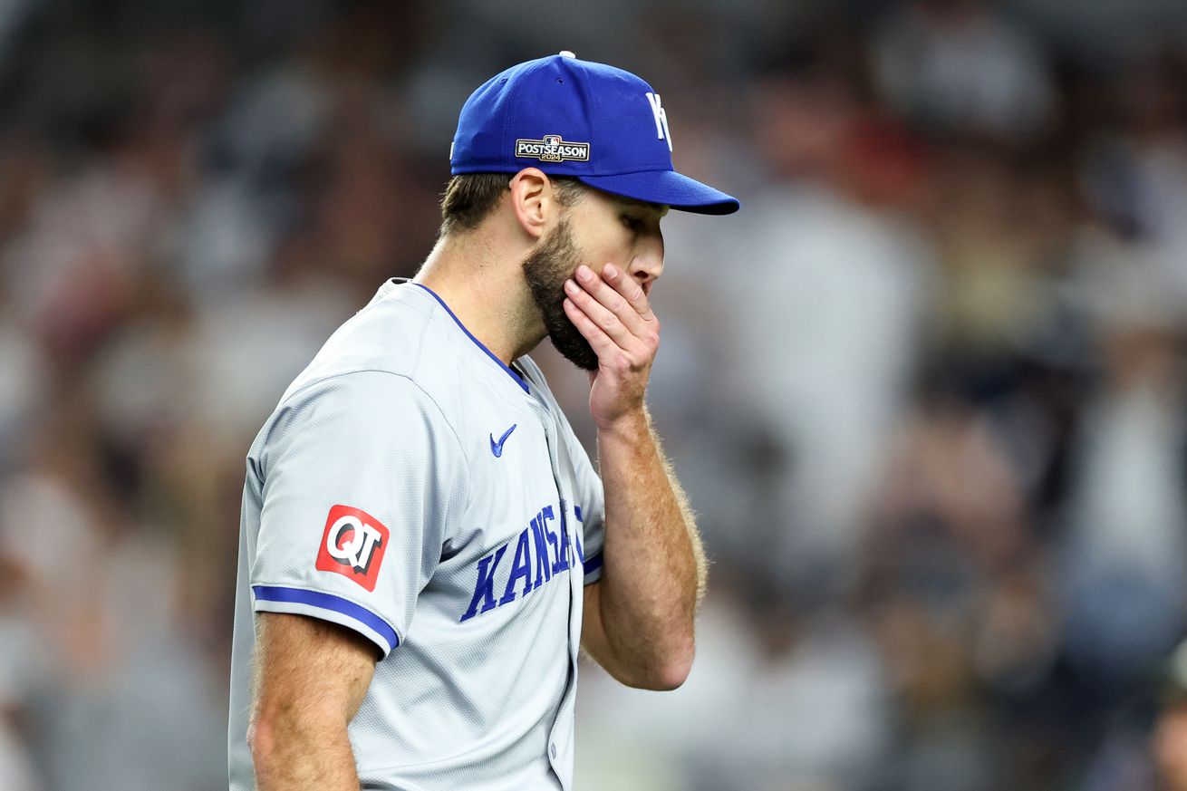 Michael Wacha #52 of the Kansas City Royals reacts after being taken out of the game against the New York Yankees during the fifth inning in Game One of the Division Series at Yankee Stadium on October 05, 2024 in New York City.