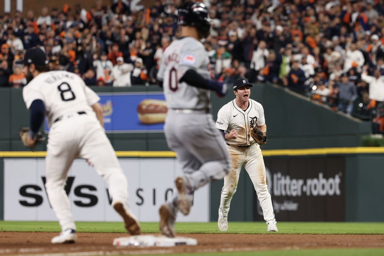 Colt Keith #33 of the Detroit Tigers reacts after an out during the eighth inning against the Cleveland Guardians during Game Four of the Division Series at Comerica Park