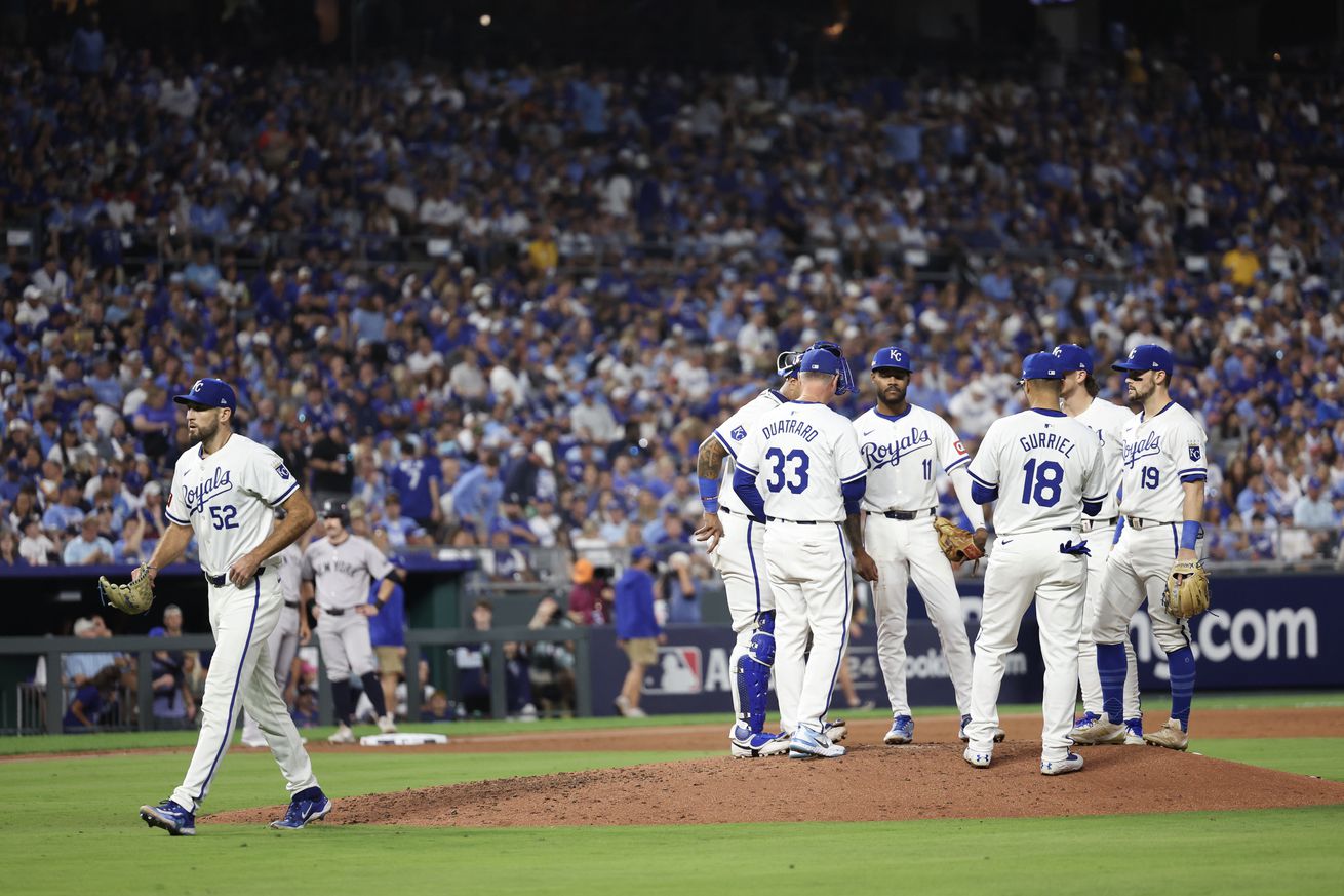 Michael Wacha #52 of the Kansas City Royals leaves the game during the fifth inning against the New York Yankees during Game Four of the Division Series at Kauffman Stadium