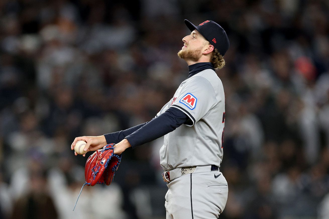 Tanner Bibee #28 of the Cleveland Guardians reacts during the American League Championship Series Game 2 between the New York Yankees and the Cleveland Guardians