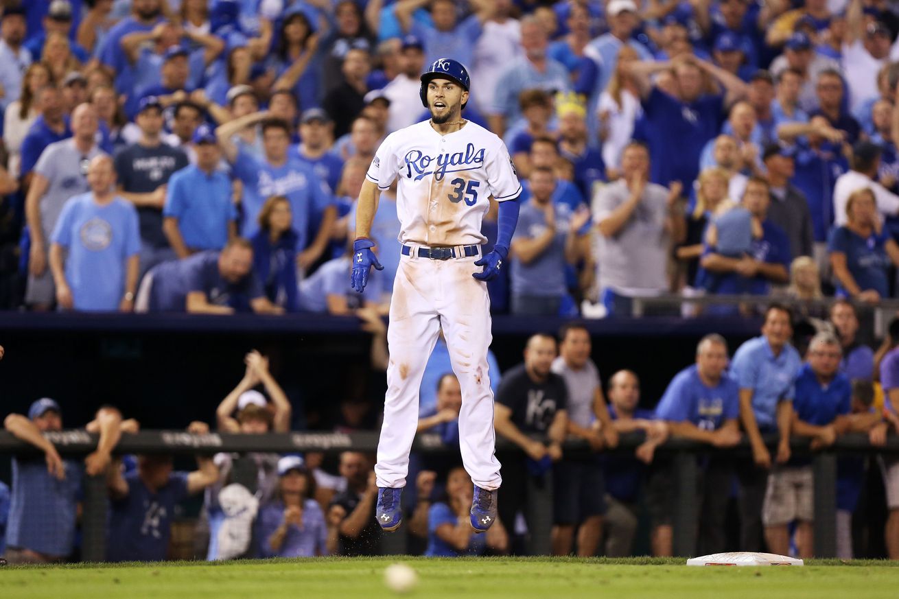 Eric Hosmer #35 of the Kansas City Royals reacts after hitting a triple in the 12th inning against the Oakland Athletics during the American League Wild Card game at Kauffman Stadium on September 30, 2014 in Kansas City, Missouri.