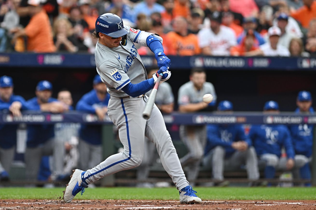 Kansas City Royals shortstop Bobby Witt Jr. (7) hits a single in the third inning against the Baltimore Orioles in game two of the Wild Card round for the 2024 MLB Playoffs at Oriole Park at Camden Yards.