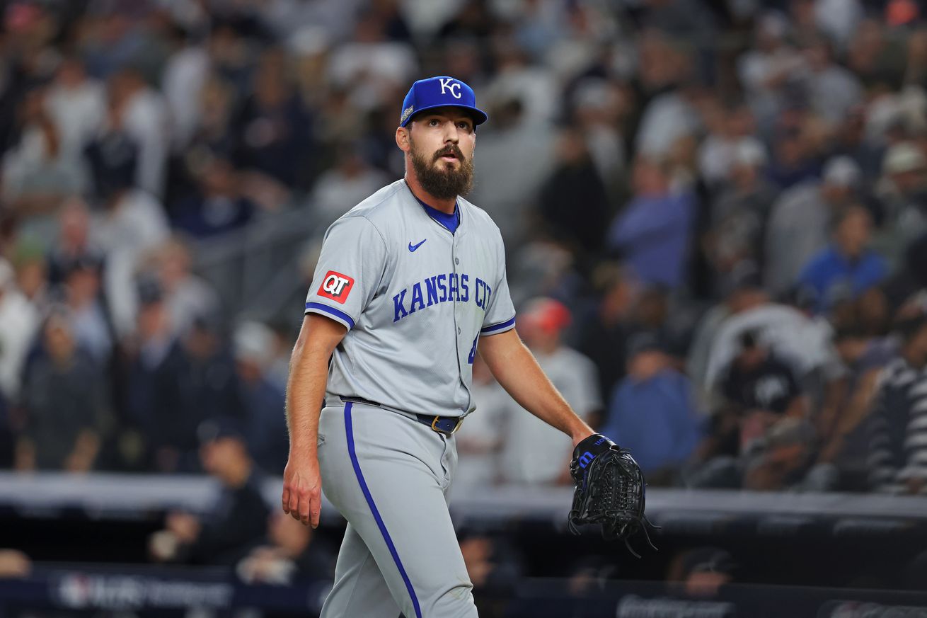 Kansas City Royals pitcher John Schreiber (46) reacts during the fifth inning against the New York Yankees during game one of the ALDS for the 2024 MLB Playoffs at Yankee Stadium.