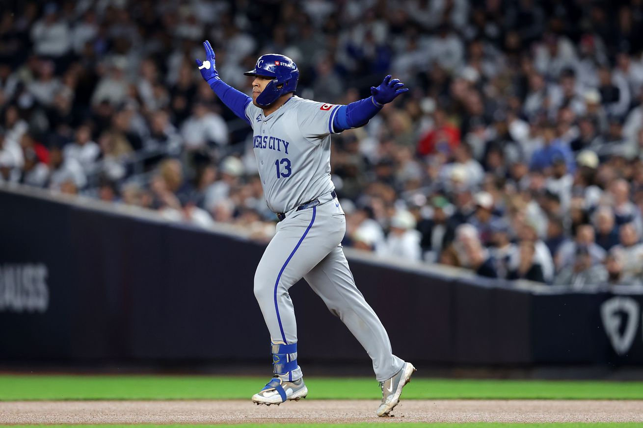 Kansas City Royals catcher Salvador Perez (13) reacts after a solo home run against the New York Yankees in the fourth inning during game two of the ALDS for the 2024 MLB Playoffs at Yankee Stadium.