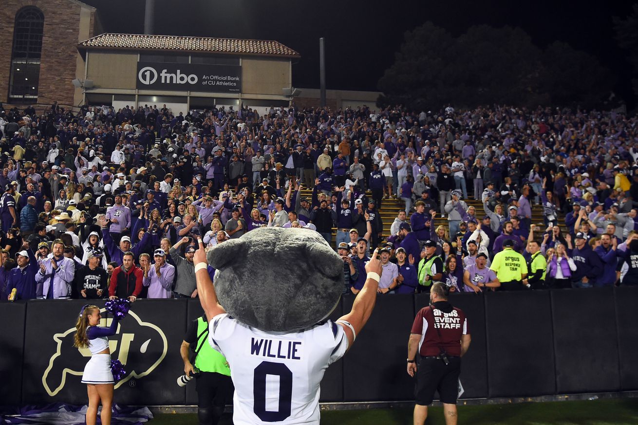 Oct 12, 2024; Boulder, Colorado, USA; Kansas State Wildcats mascot Willie the Wildcat celebrates with fans after a win against the Colorado Buffaloes at Folsom Field.