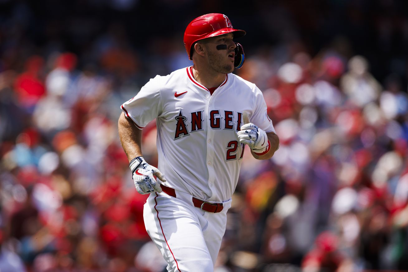 Mike Trout #27 of the Los Angeles Angels runs during a MLB baseball game against the Baltimore Orioles at Angel Stadium of Anaheim on April 24, 2024 in Anaheim, California.