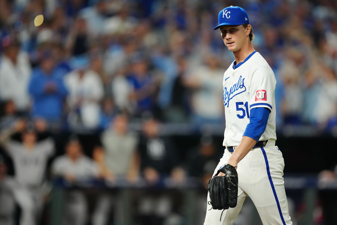 Brady Singer #51 of the Kansas City Royals walks back to the dugout during Game 3 of the Division Series presented by Booking.com between the New York Yankees and the Kansas City Royals at Kauffman Stadium on Wednesday, October 9, 2024 in Kansas City, Missouri.