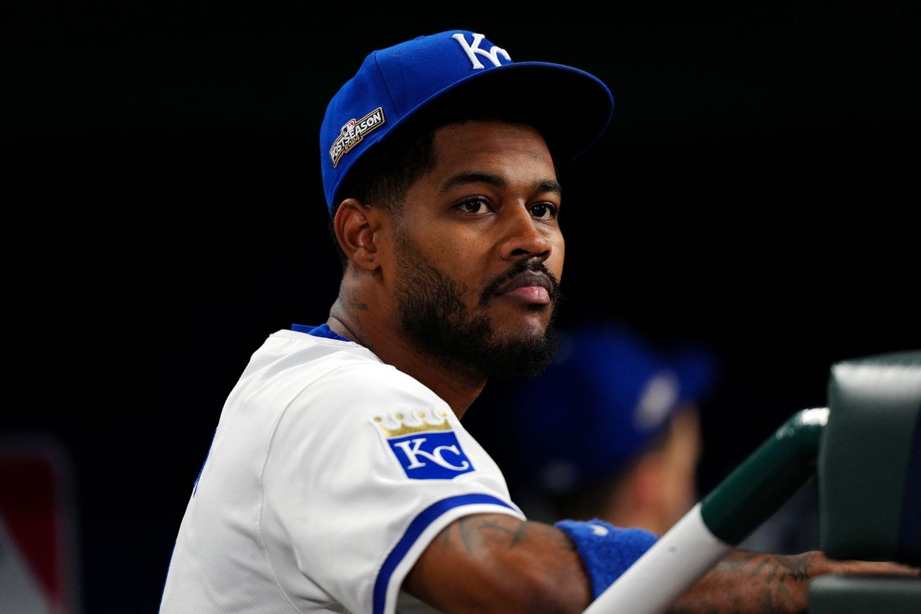 Maikel Garcia #11 of the Kansas City Royals looks on prior to Game 4 of the Division Series