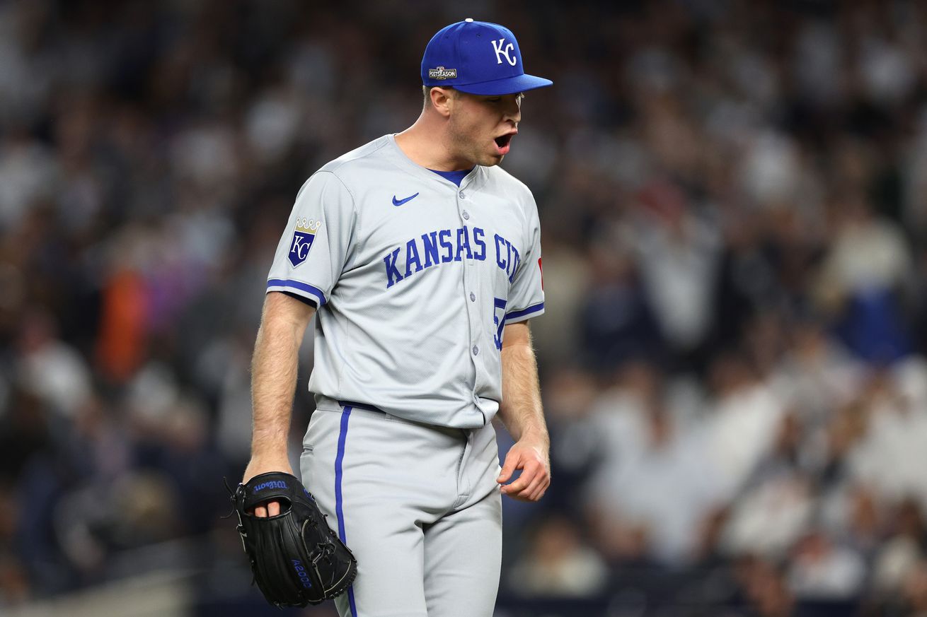 Kris Bubic #50 of the Kansas City Royals reacts after the eighth inning against the New York Yankees during Game Two of the Division Series