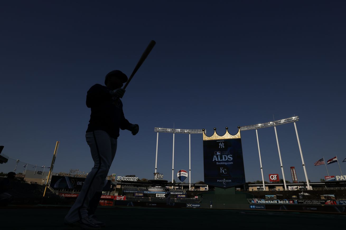 Freddy Fermin #34 of the Kansas City Royals takes batting practice prior to the game against the New York Yankees during Game Four of the Division Series at Kauffman Stadium on October 10, 2024 in Kansas City, Missouri.