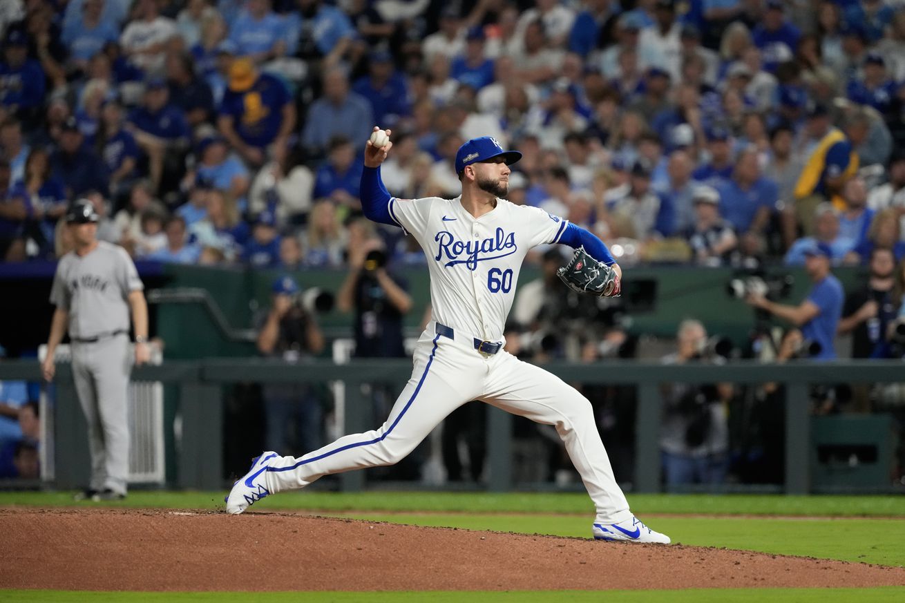 Lucas Erceg #60 of the Kansas City Royals throws a pitch during the sixth inning against the New York Yankees during Game Four of the Division Series at Kauffman Stadium on October 10, 2024 in Kansas City, Missouri.