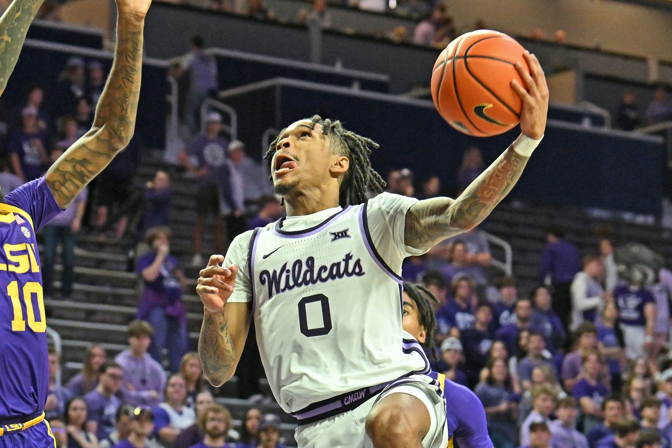 Dug McDaniel #0 of the Kansas State Wildcats lays up a shot in the second half against the LSU Tigers at Bramlage Coliseum on November 14, 2024 in Manhattan, Kansas.