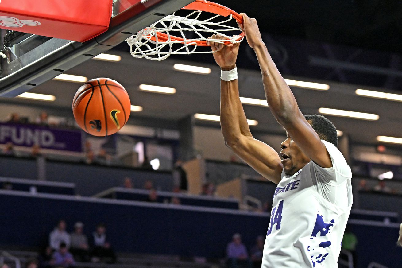 Ugonna Onyenso #34 of the Kansas State Wildcats dunks in the second half against the Mississippi Valley State Delta Devils at Bramlage Coliseum on November 19, 2024 in Manhattan, Kansas.