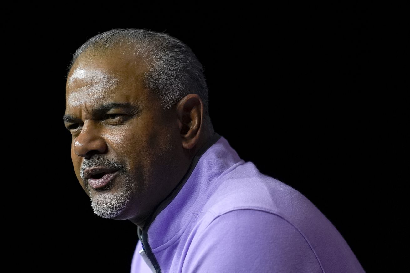 Oct 23, 2024; Kansas City, MO, USA; Kansas State Wildcats head coach Jerome Tang talks to media during the Big 12 Men’s Basketball Media Day at T-Mobile Center.