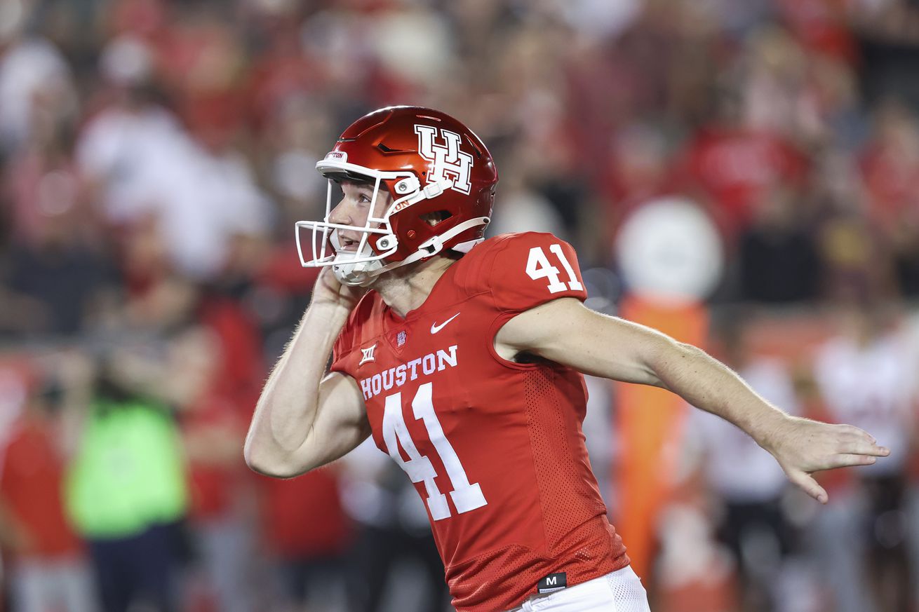 Oct 26, 2024; Houston, Texas, USA; Houston Cougars place kicker Jack Martin (41) reacts after kicking a field goal with time expiring in the fourth quarter to give the Cougars a win over Utah Utes at TDECU Stadium.