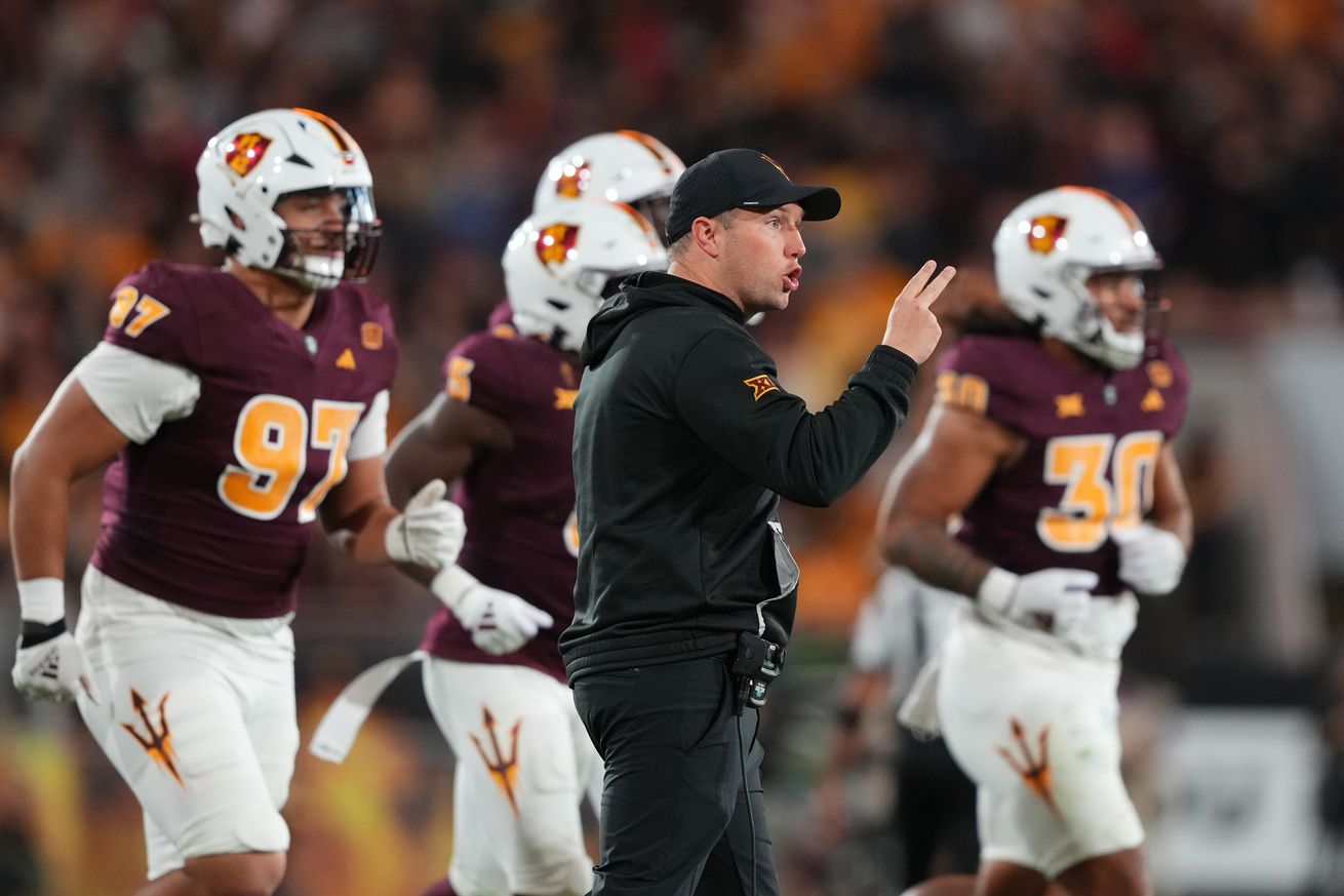 Nov 9, 2024; Tempe, Arizona, USA; Arizona State Sun Devils head coach Kenny Dillingham reacts against the UCF Knights during the second half at Mountain America Stadium, Home of the ASU Sun Devils.