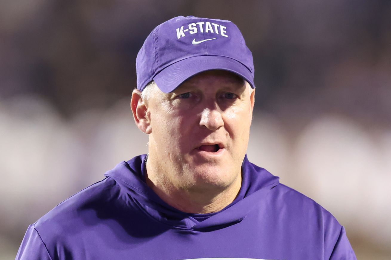 MANHATTAN, KS - NOVEMBER 16: Kansas State Wildcats head coach Chris Klieman before a Big 12 game between the Arizona State Sun Devils and Kansas State Wildcats on November 16, 2024 at Bill Snyder Family Stadium in Manhattan, KS.