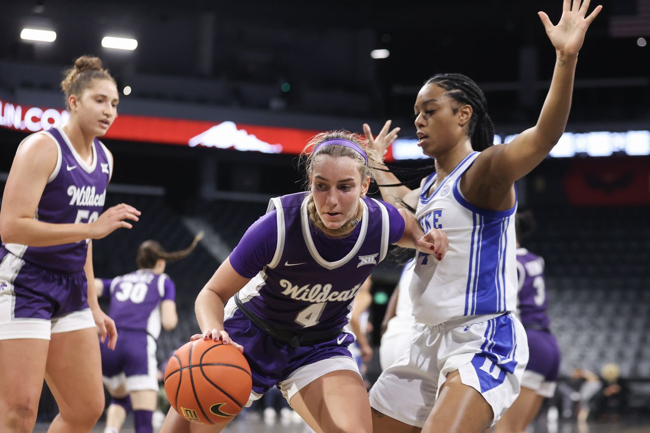 Serena Sundell #4 of the Kansas State Wildcats dribbles against Reigan Richardson #24 of the Duke Blue Devils in the second quarter of a Ball Dawgs Classic game at Lee’s Family Forum on November 25, 2024 in Henderson, Nevada.