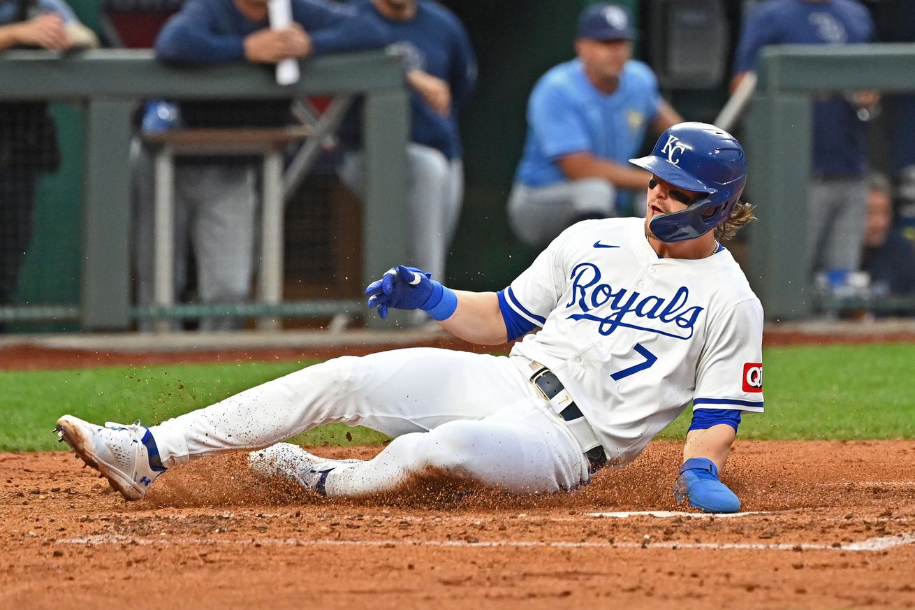  Kansas City Royals shortstop Bobby Witt Jr. (7) slides home scoring a run