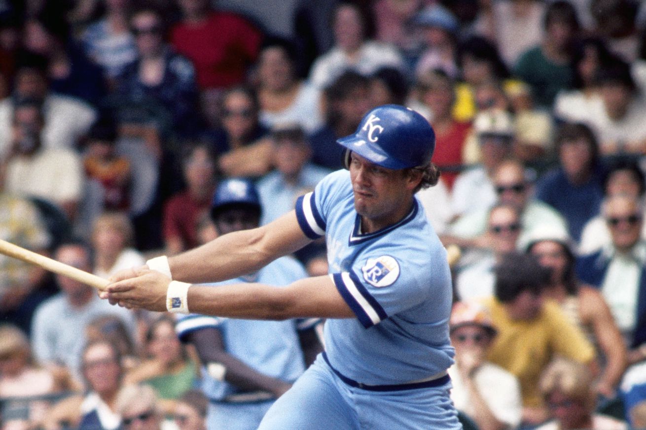 Kansas City Royals (5) third baseman George Brett in action against the Detroit Tigers at Tiger Stadium during the 1976 season.