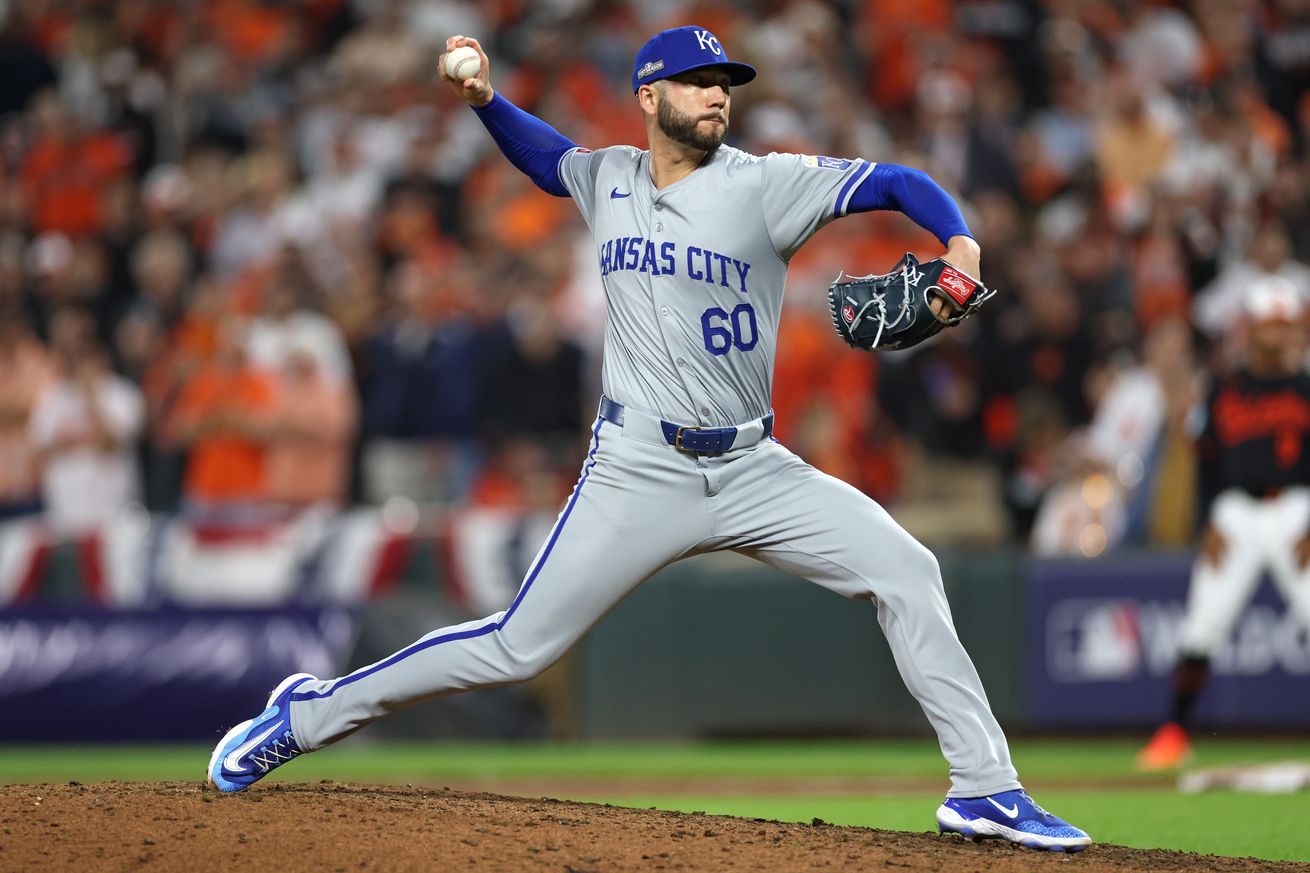 Lucas Erceg #60 of the Kansas City Royals pitches the ball against the Baltimore Orioles during the ninth inning of Game Two of the Wild Card Series at Oriole Park at Camden Yards on October 02, 2024 in Baltimore, Maryland.