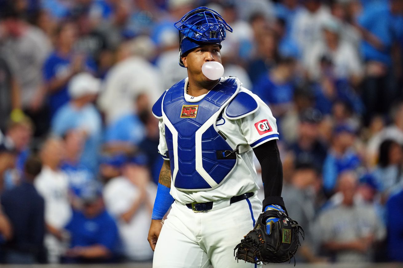 Salvador Perez #13 of the Kansas City Royals looks on during Game 3 of the Division Series presented by Booking.com between the New York Yankees and the Kansas City Royals at Kauffman Stadium on Wednesday, October 9, 2024 in Kansas City, Missouri.