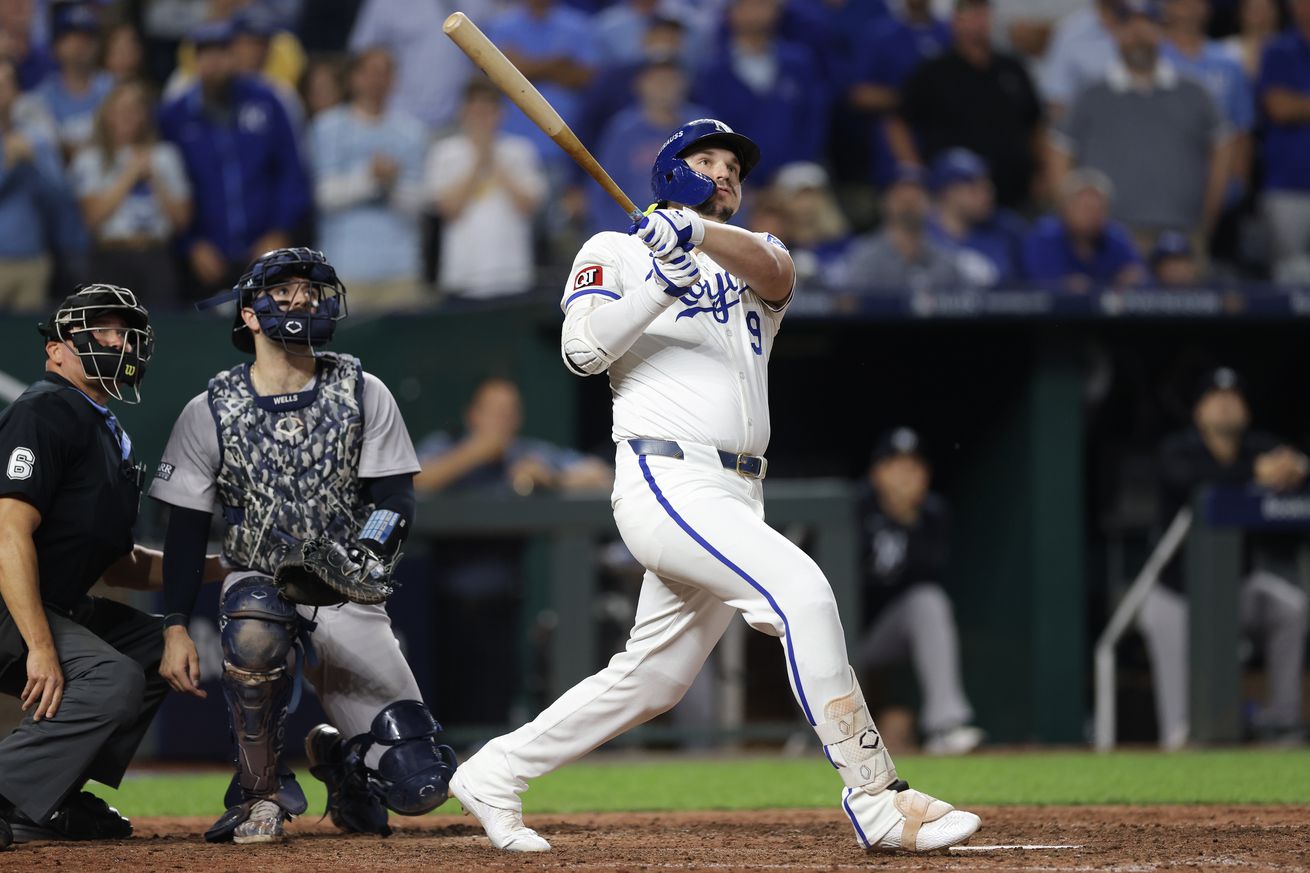 Vinnie Pasquantino #9 of the Kansas City Royals follows the ball during the ninth inning against the New York Yankees during Game Four of the Division Series at Kauffman Stadium on October 10, 2024 in Kansas City, Missouri.