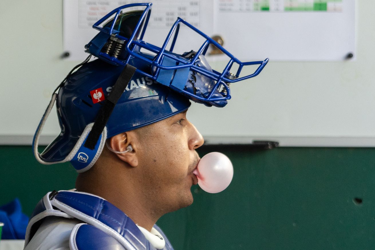 MLB: OCT 09 ALDS Yankees at Royals, Salvador Perez blows a bubble with his gum