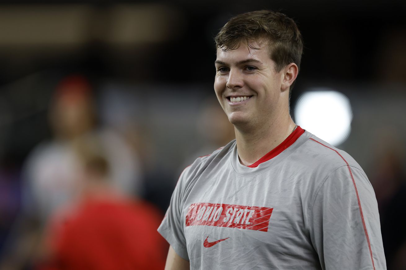 ARLINGTON, TEXAS - JANUARY 10: Will Howard #18 of the Ohio State Buckeyes warms up before the Goodyear Cotton Bowl against the Texas Longhorns at AT&T Stadium on January 10, 2025 in Arlington, Texas.