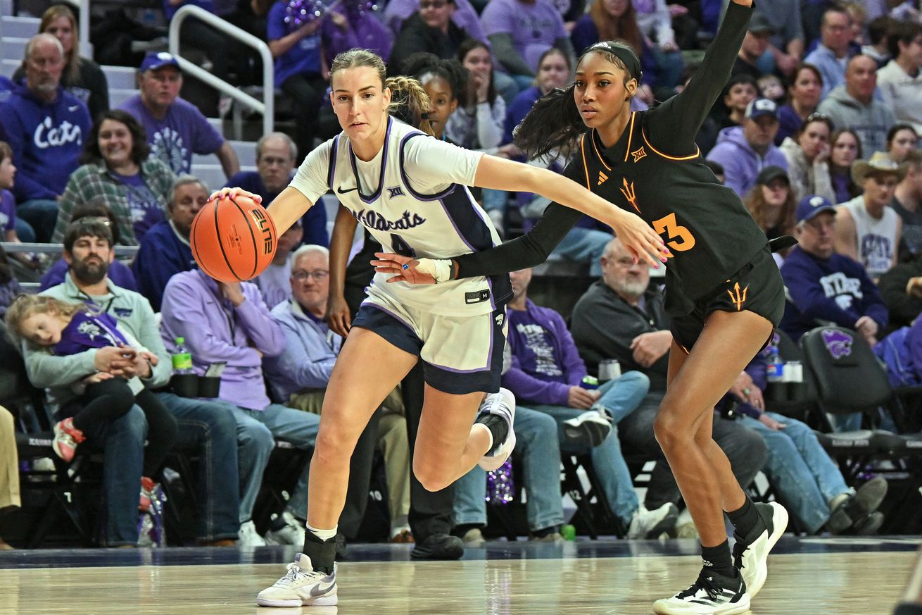 Serena Sundell #4 of the Kansas State Wildcats drives with the ball up court against Jalyn Brown #23 of the Arizona State Sun Devils in the second half at Bramlage Coliseum on January 19, 2025 in Manhattan, Kansas.