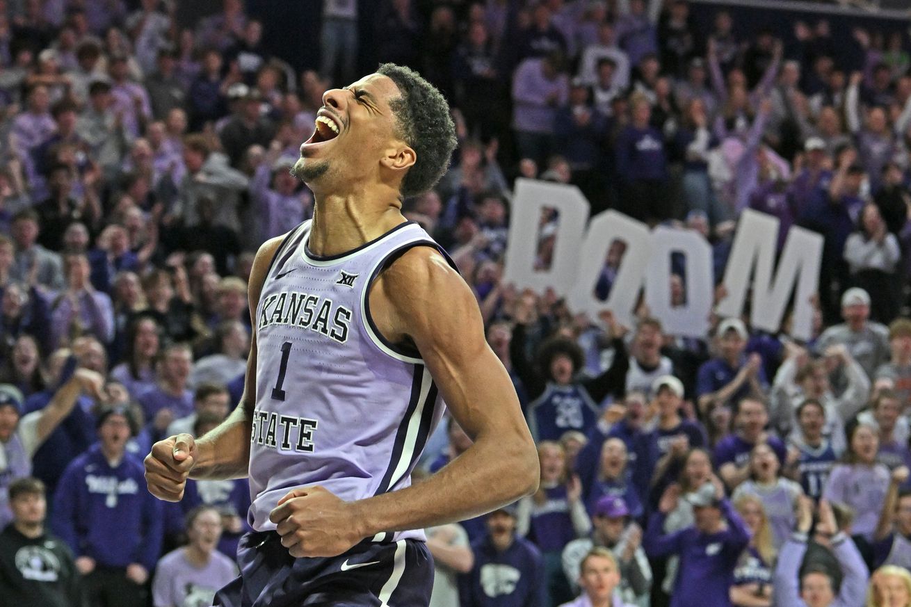 David N’Guessan #1 of the Kansas State Wildcats reacts after a dunk in the second half against the West Virginia Mountaineers at Bramlage Coliseum on January 25, 2025 in Manhattan, Kansas.