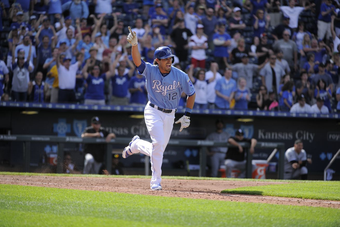 Brett Eibner #12 of the Kansas City Royals celebrates as runs to first after hitting a game winning RBI single against the Chicago White Sox at Kauffman Stadium on May 28, 2016 in Kansas City, Missouri.