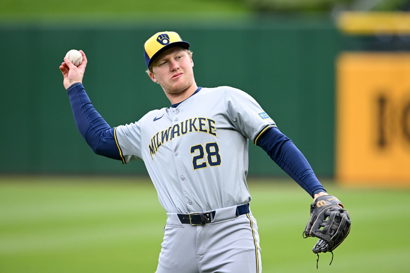 Joey Wiemer #28 of the Milwaukee Brewers warms up prior to a game against the Pittsburgh Pirates at PNC Park on April 25, 2024 in Pittsburgh, Pennsylvania.