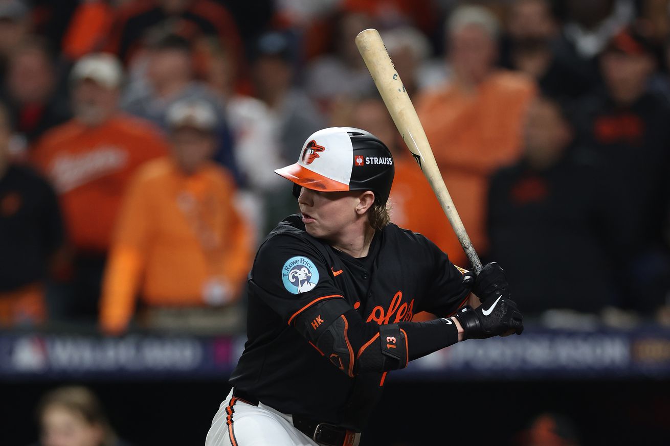 Heston Kjerstad #13 of the Baltimore Orioles bats against the Kansas City Royals of Game Two of the Wild Card Series