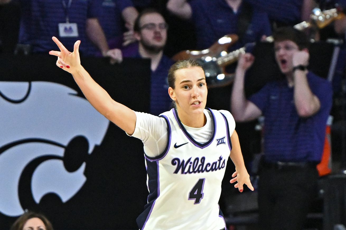 Serena Sundell #4 of the Kansas State Wildcats reacts after hitting a three-point shot in the first half against the Iowa State Cyclones at Bramlage Coliseum on January 30, 2025 in Manhattan, Kansas.