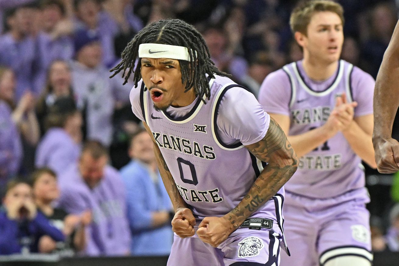 Dug McDaniel #0 of the Kansas State Wildcats reacts after a basket against the Arizona Wildcats in the second half at Bramlage Coliseum on February 11, 2025 in Manhattan, Kansas.