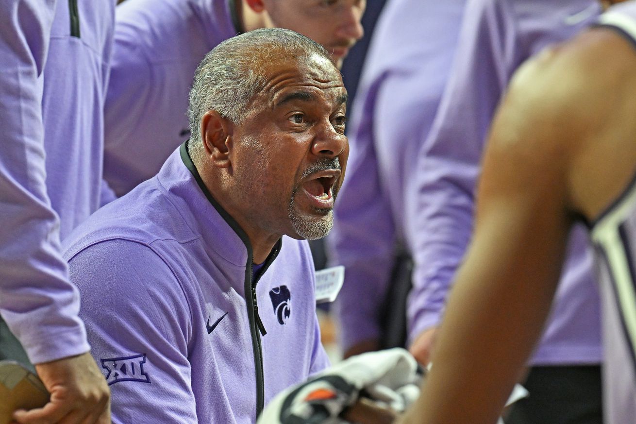 Head coach Jerome Tang of the Kansas State Wildcats instructs his players during a time-out in the second half of a game against the Arizona Wildcats at Bramlage Coliseum on February 11, 2025 in Manhattan, Kansas.