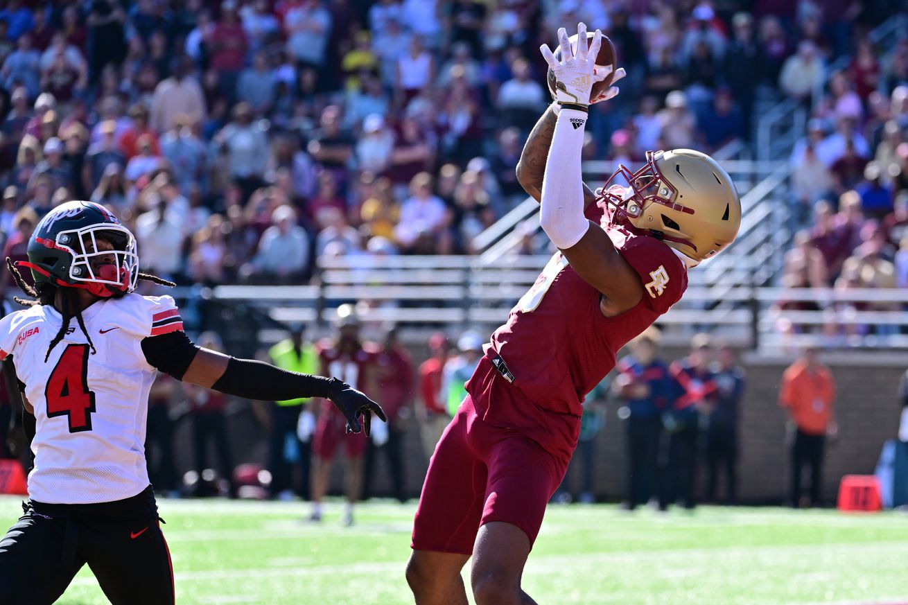 Boston College Eagles wide receiver Jerand Bradley (9) makes a catch in the end zone for a touchdown against the Western Kentucky Hilltoppers during the second half at Alumni Stadium.